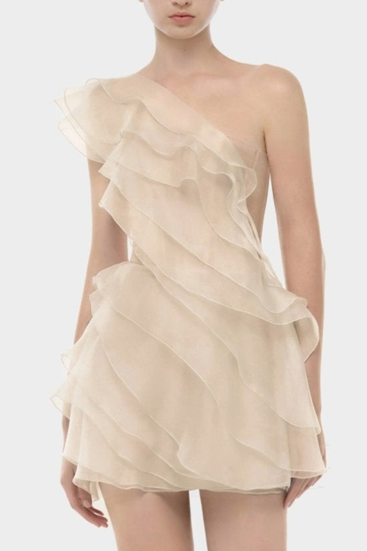 Rueia One Shoulder Ruffle Mini Dress - Beige