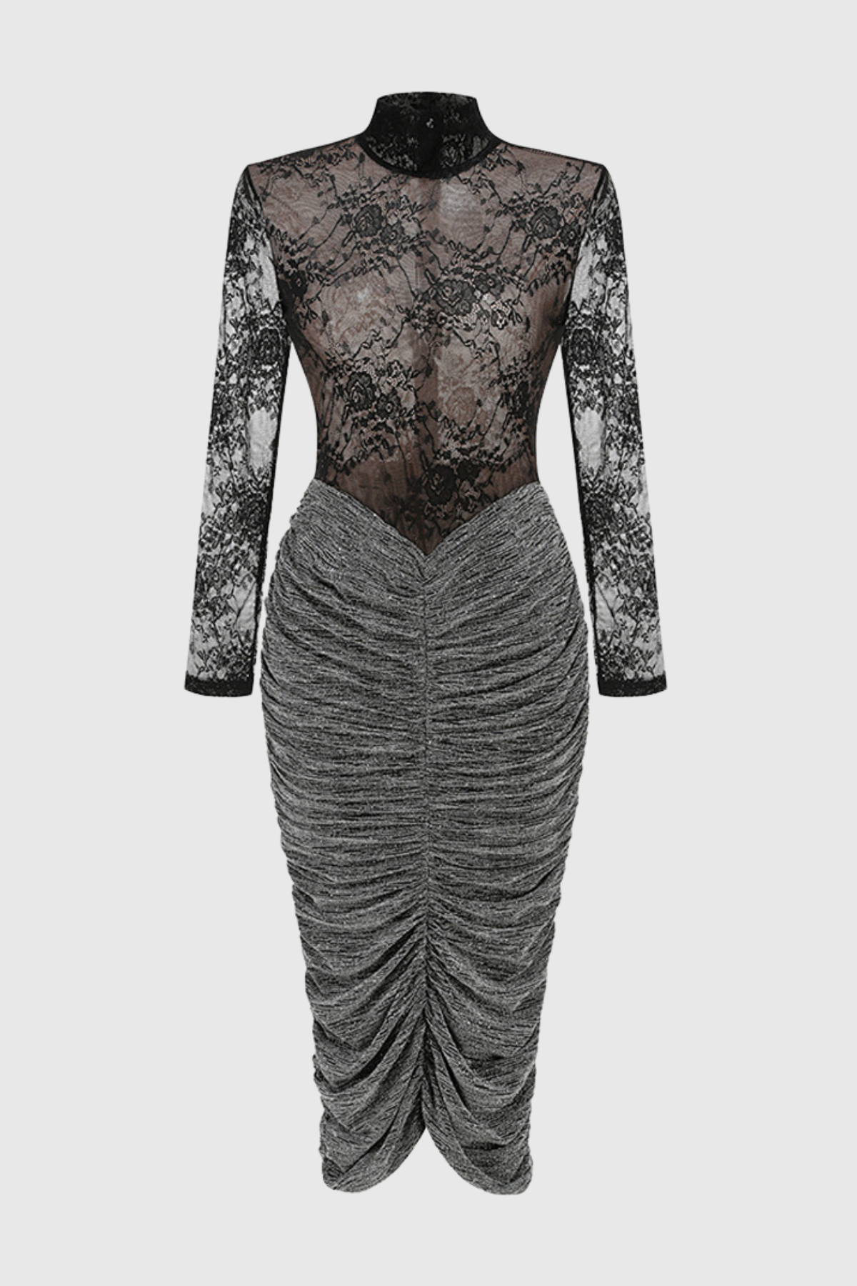 Ruela Lace Ruched Glitter Midi Dress - Black