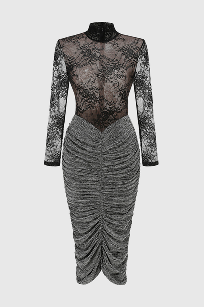 Ruela Lace Ruched Glitter Midi Dress - Black
