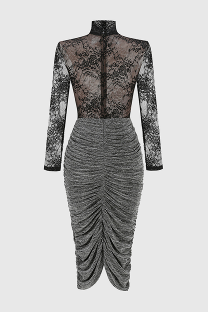 Ruela Lace Ruched Glitter Midi Dress - Black