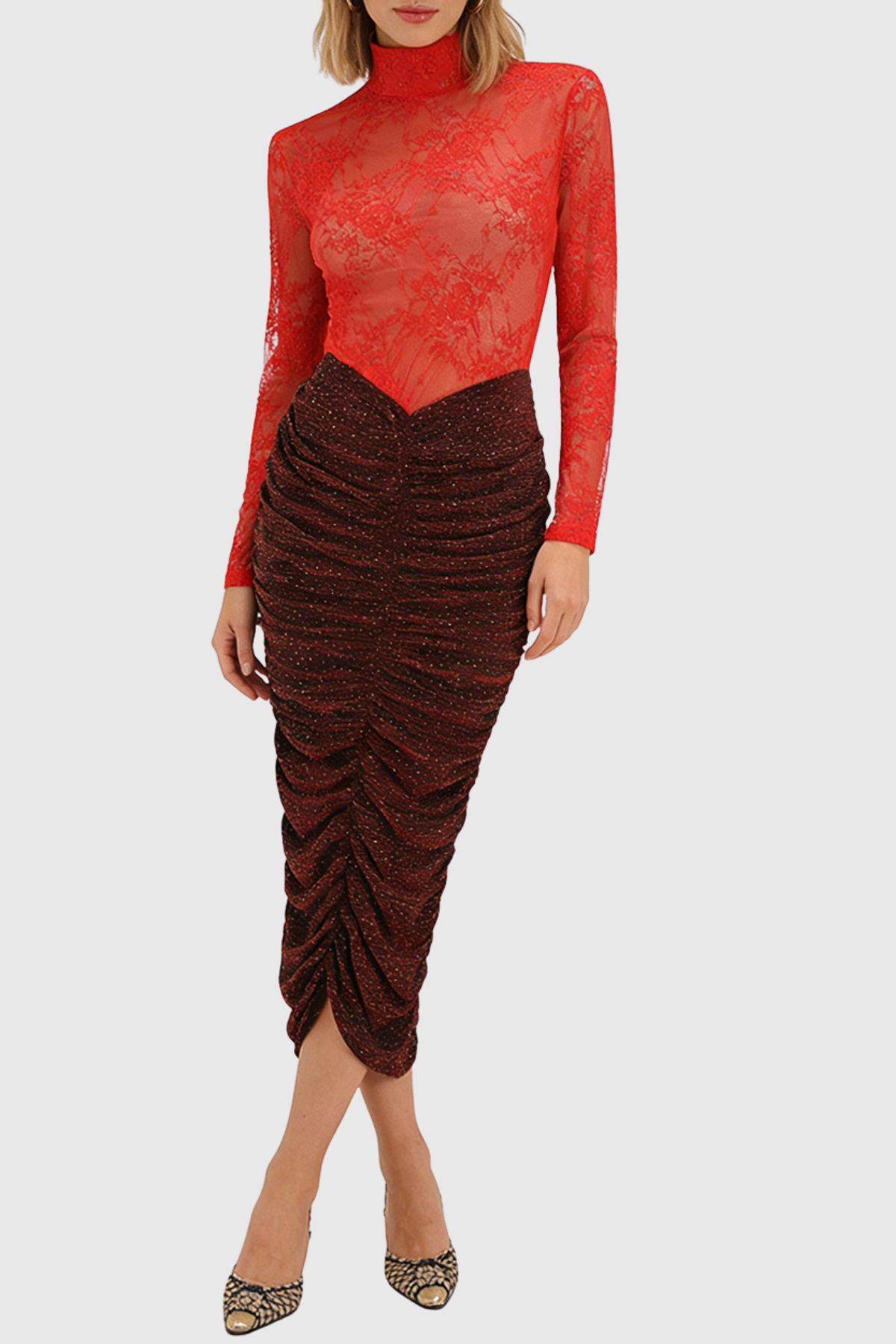 Ruela Lace Ruched Glitter Midi Dress - Red