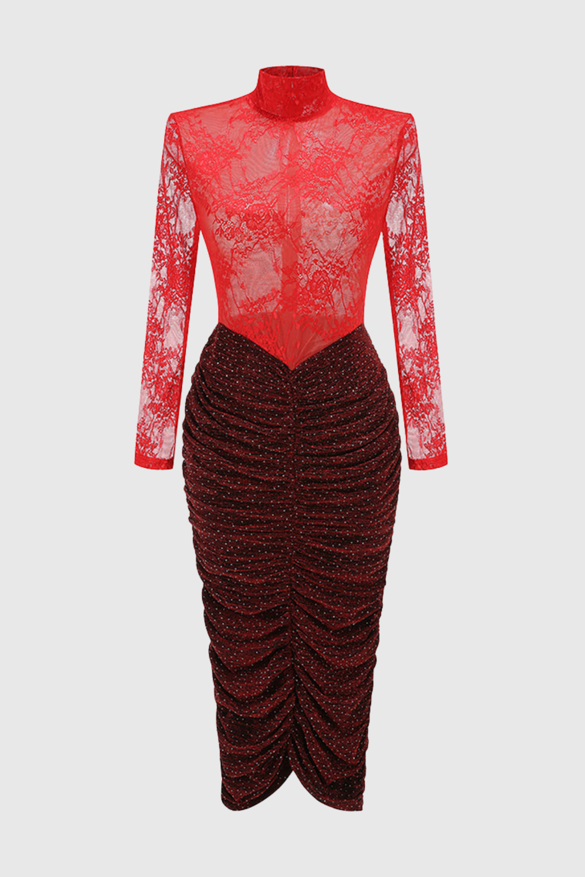 Ruela Lace Ruched Glitter Midi Dress - Red