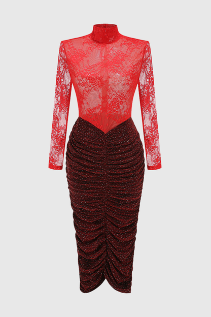 Ruela Lace Ruched Glitter Midi Dress - Red