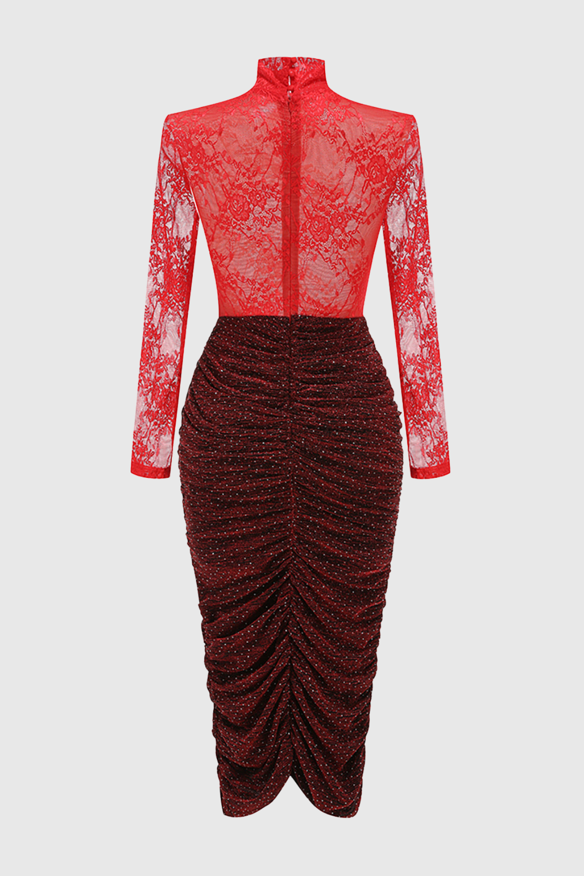 Ruela Lace Ruched Glitter Midi Dress - Red