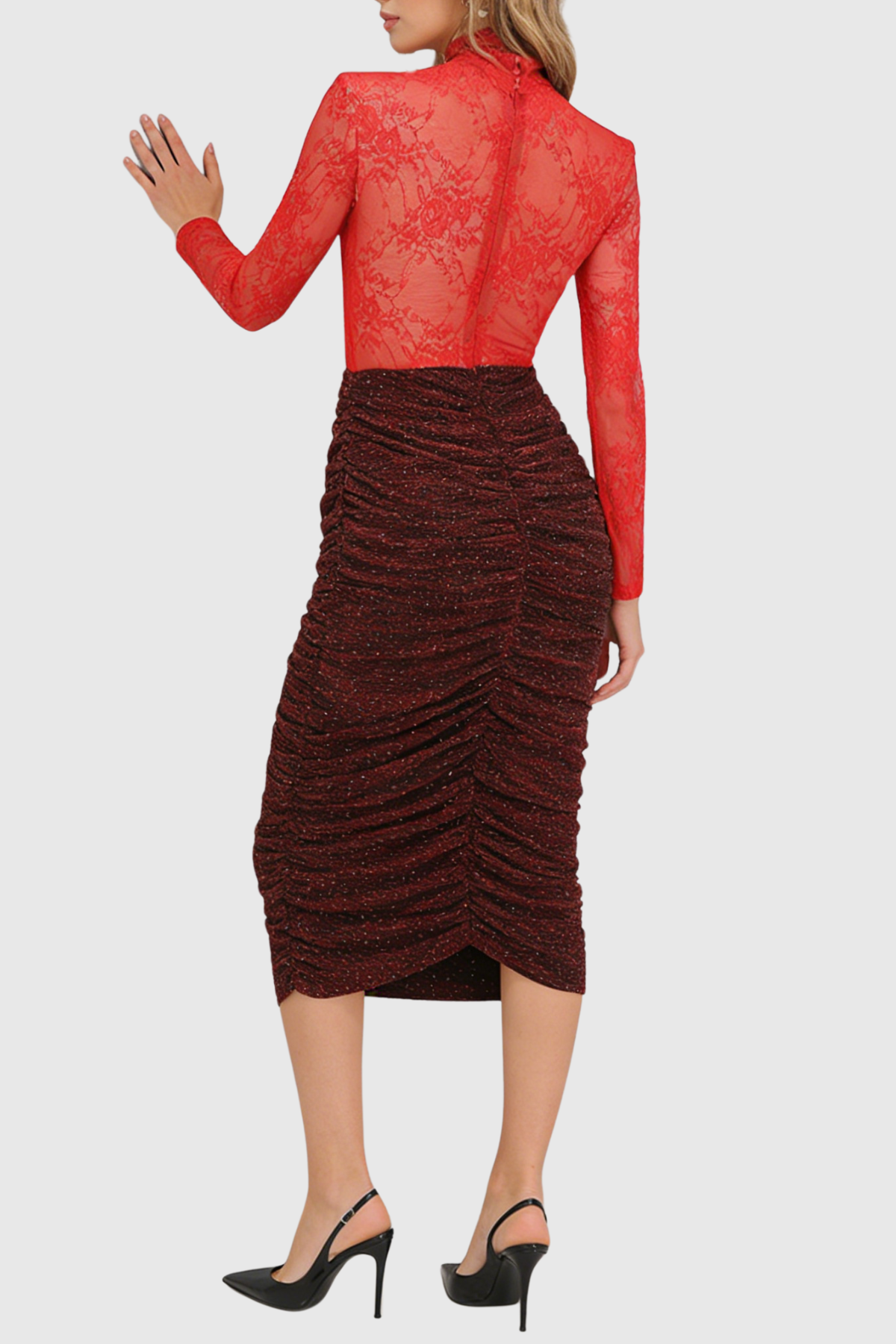 Ruela Lace Ruched Glitter Midi Dress - Red