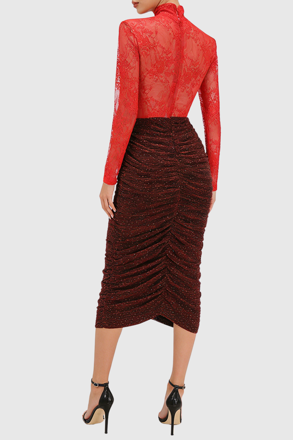Ruela Lace Ruched Glitter Midi Dress - Red