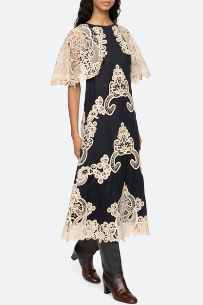 Ruio Cochet Shawl Lace Midi Dress - Black