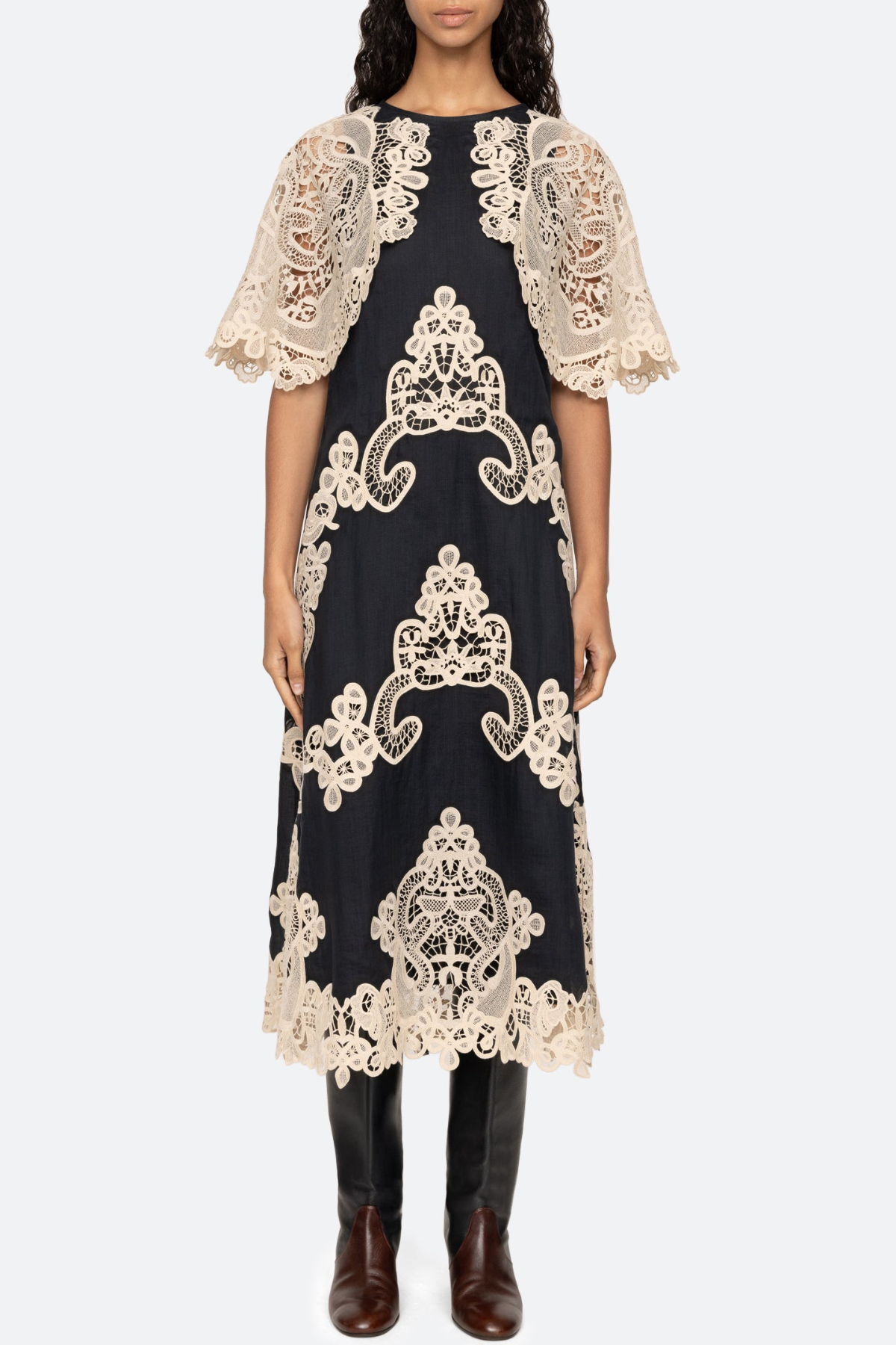 Ruio Cochet Shawl Lace Midi Dress - Black
