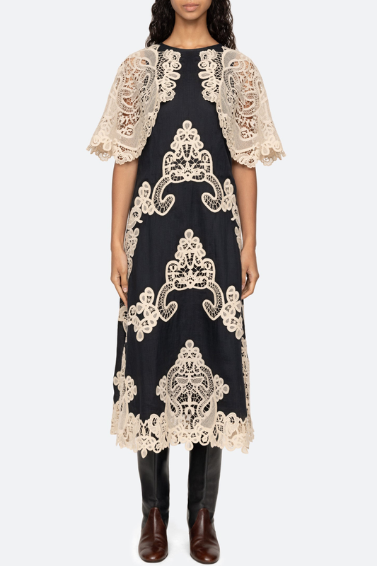 Ruio Cochet Shawl Lace Midi Dress - Black