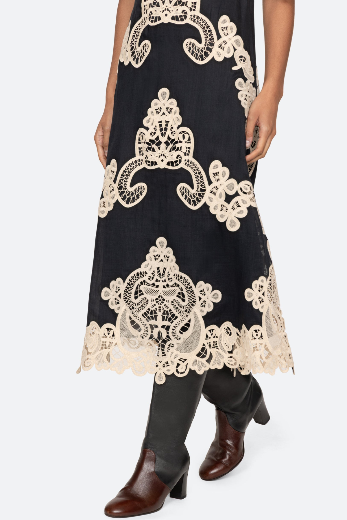 Ruio Cochet Shawl Lace Midi Dress - Black