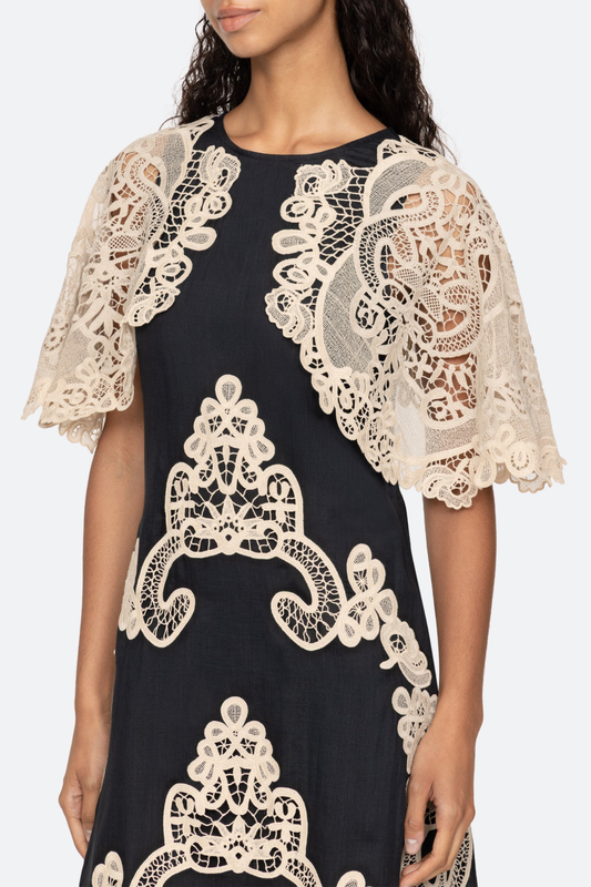 Ruio Cochet Shawl Lace Midi Dress - Black