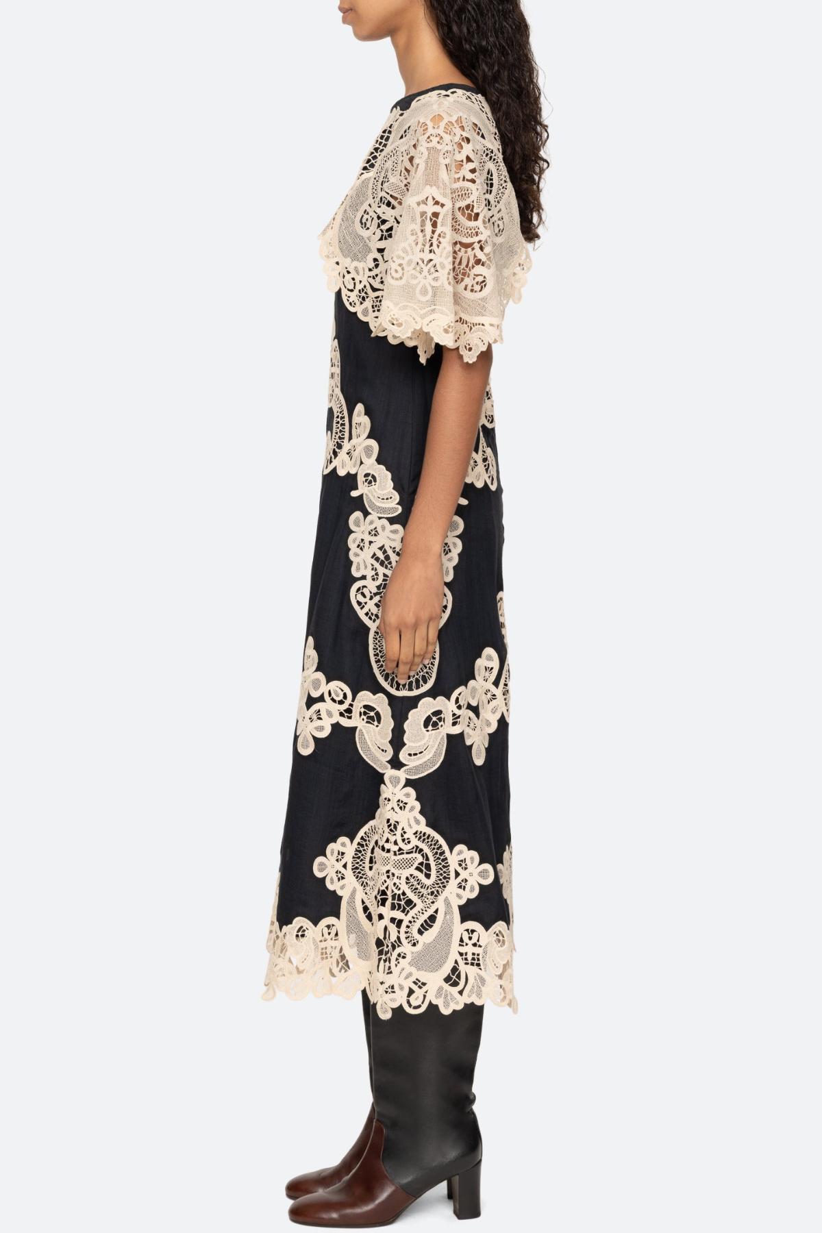 Ruio Cochet Shawl Lace Midi Dress - Black