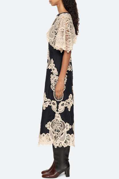 Ruio Cochet Shawl Lace Midi Dress - Black