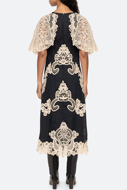 Ruio Cochet Shawl Lace Midi Dress - Black