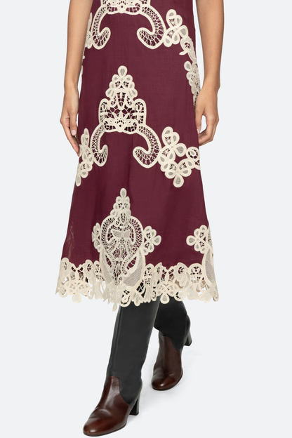 Ruio Cochet Shawl Lace Midi Dress - Wine