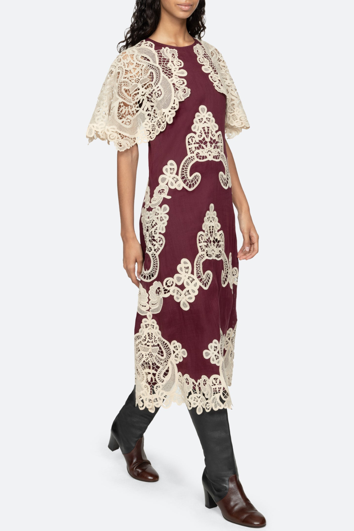 Ruio Cochet Shawl Lace Midi Dress - Wine