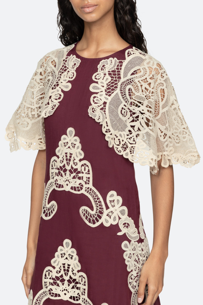 Ruio Cochet Shawl Lace Midi Dress - Wine