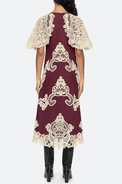 Ruio Cochet Shawl Lace Midi Dress - Wine
