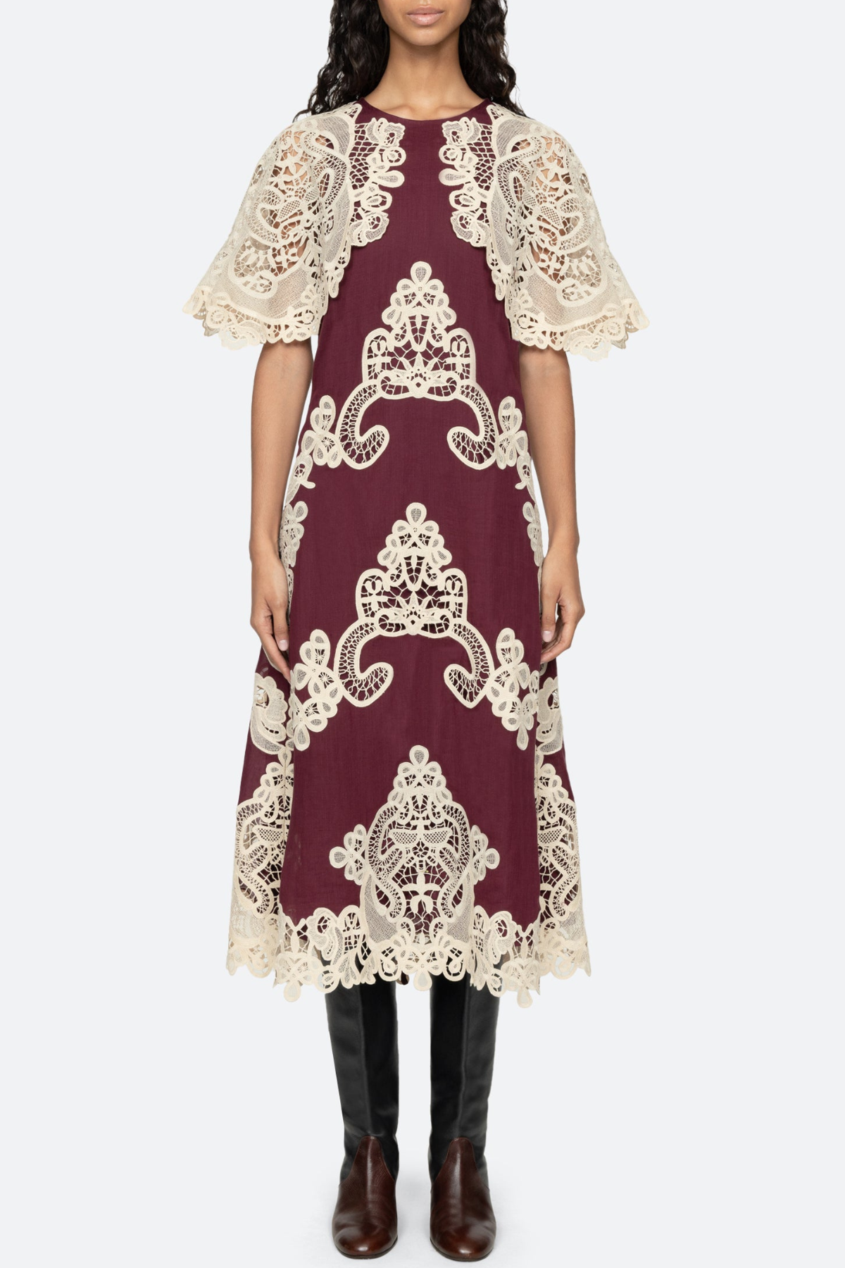 Ruio Cochet Shawl Lace Midi Dress - Wine