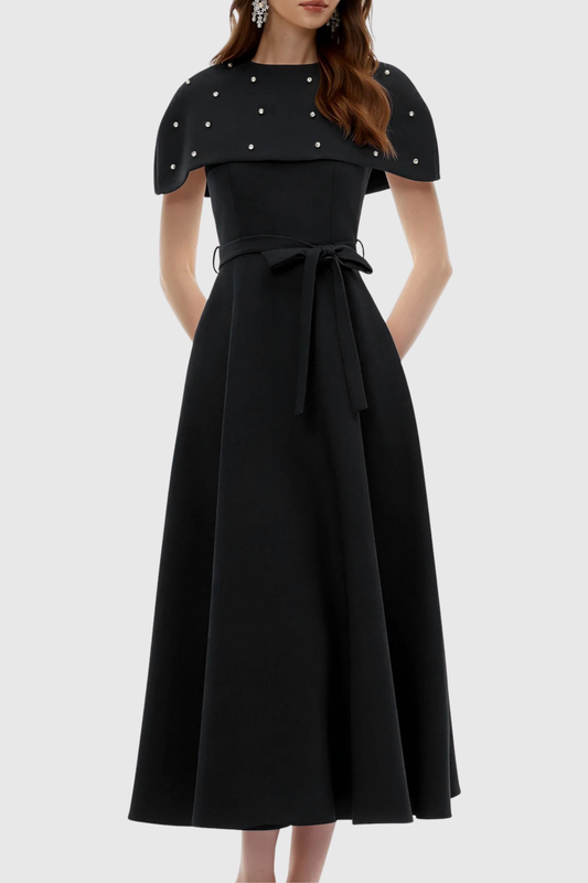 Runela Crystal Embellished Cape Midi Dress - Black