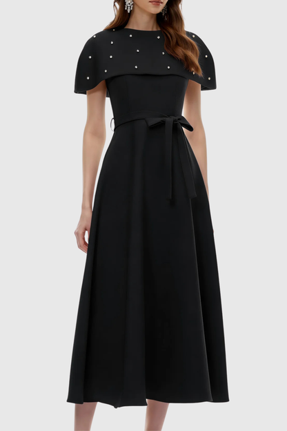 Runela Crystal Embellished Cape Midi Dress - Black