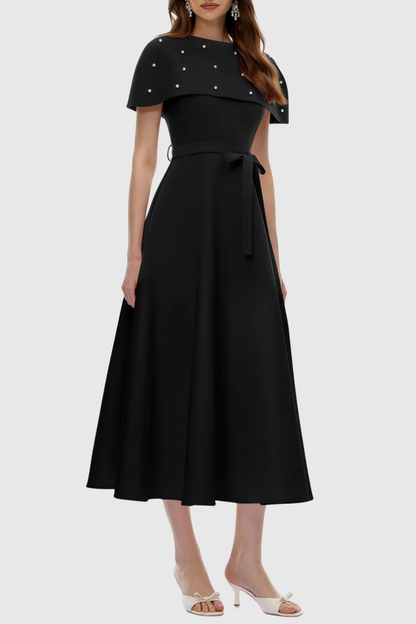 Runela Crystal Embellished Cape Midi Dress - Black