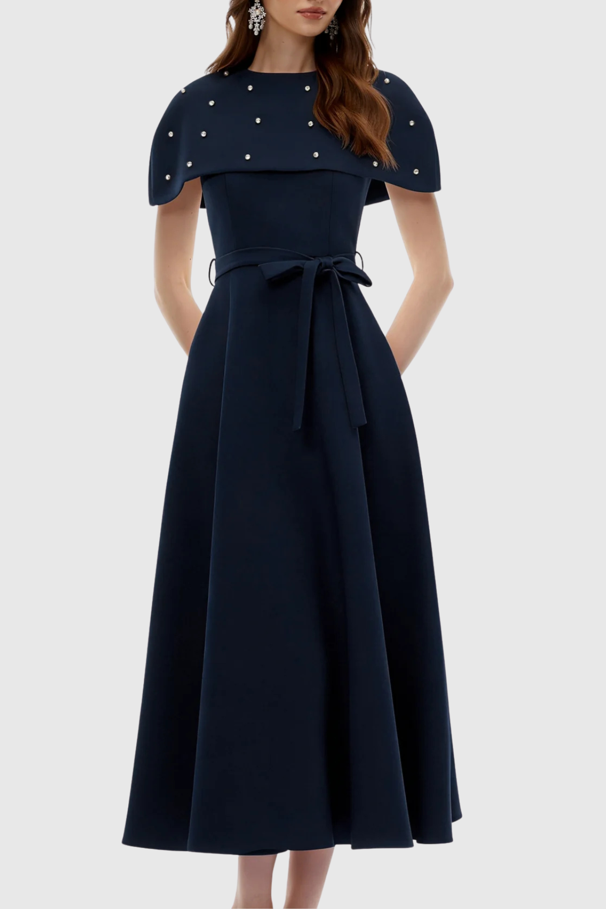 Runela Crystal Embellished Cape Midi Dress - Navy