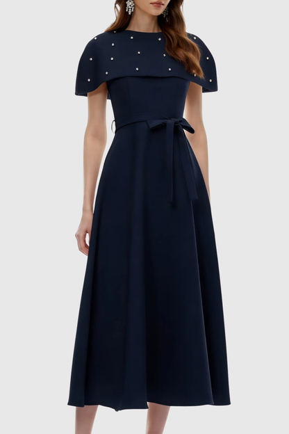 Runela Crystal Embellished Cape Midi Dress - Navy