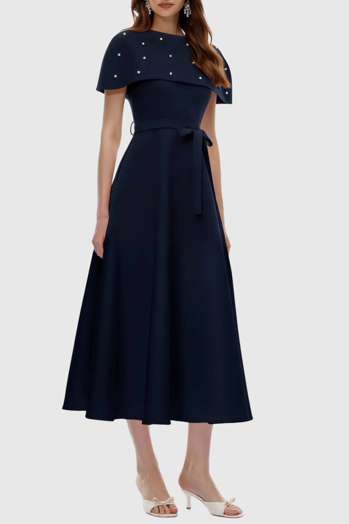 Runela Crystal Embellished Cape Midi Dress - Navy