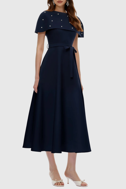 Runela Crystal Embellished Cape Midi Dress - Navy