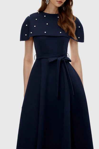 Runela Crystal Embellished Cape Midi Dress - Navy