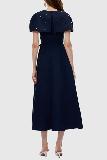 Runela Crystal Embellished Cape Midi Dress - Navy