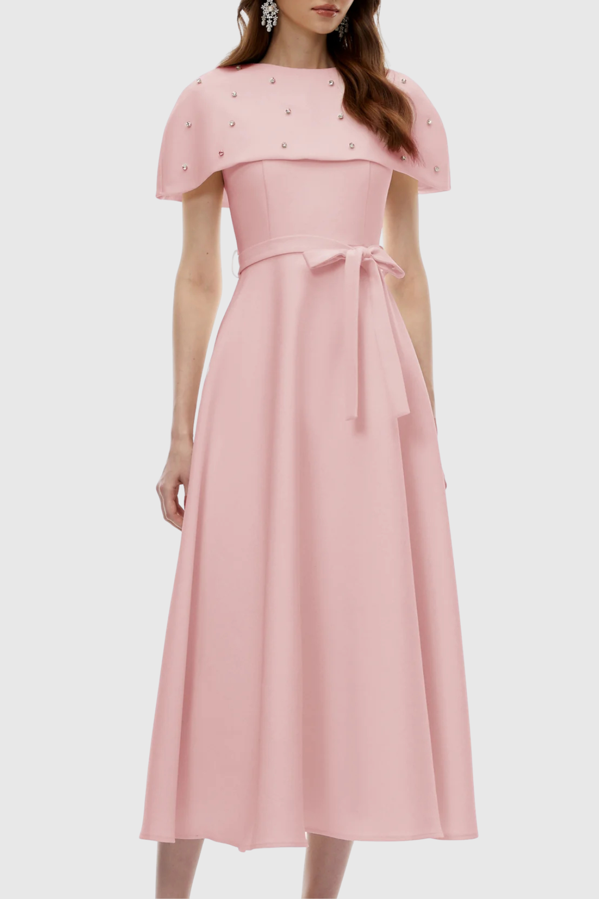 Runela Crystal Embellished Cape Midi Dress - Pink