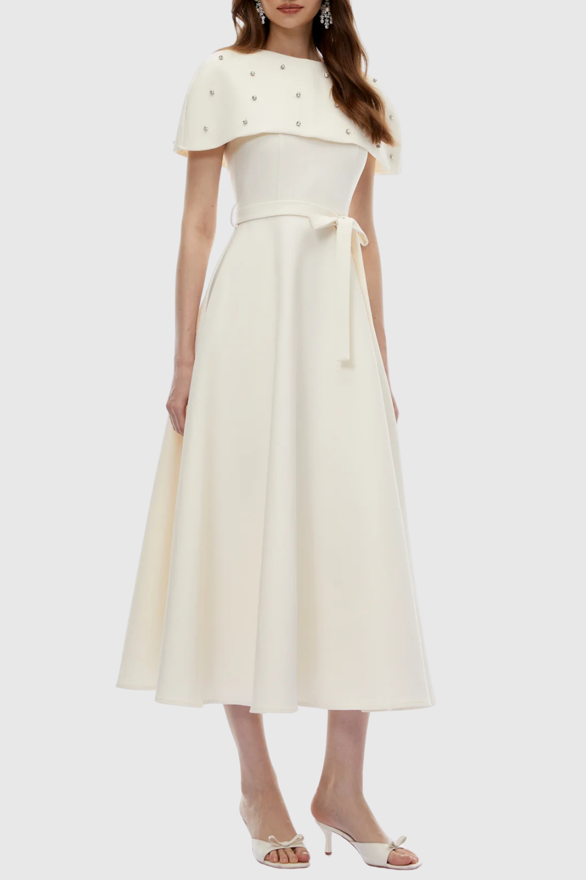 Runela Crystal Embellished Cape Midi Dress - White