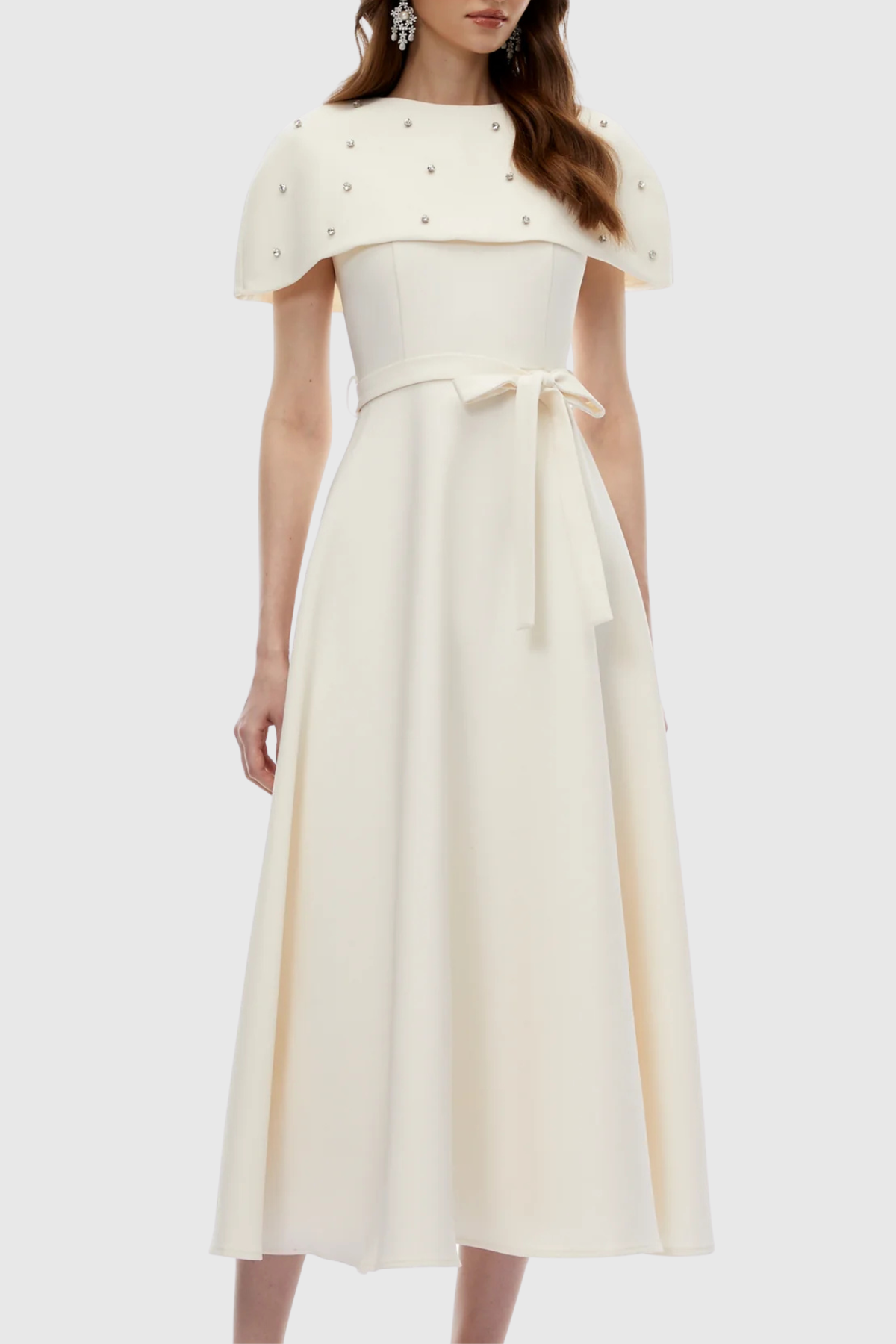 Runela Crystal Embellished Cape Midi Dress - White