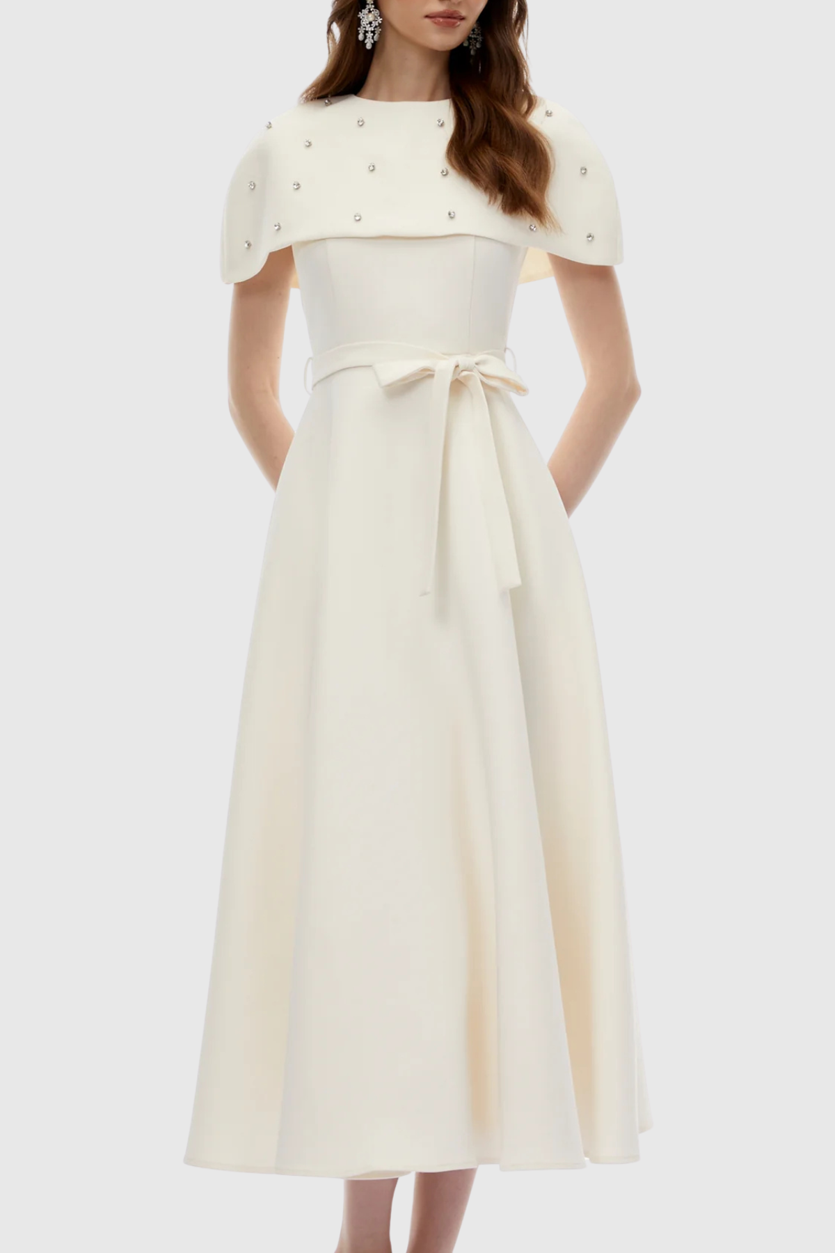 Runela Crystal Embellished Cape Midi Dress - White