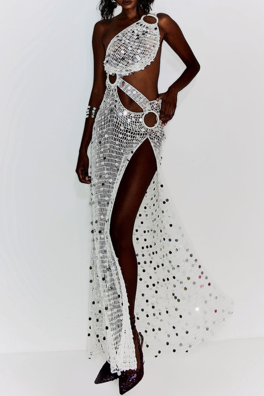 Ruriya Asymmetric Sequin Cutout Maxi Dress - White
