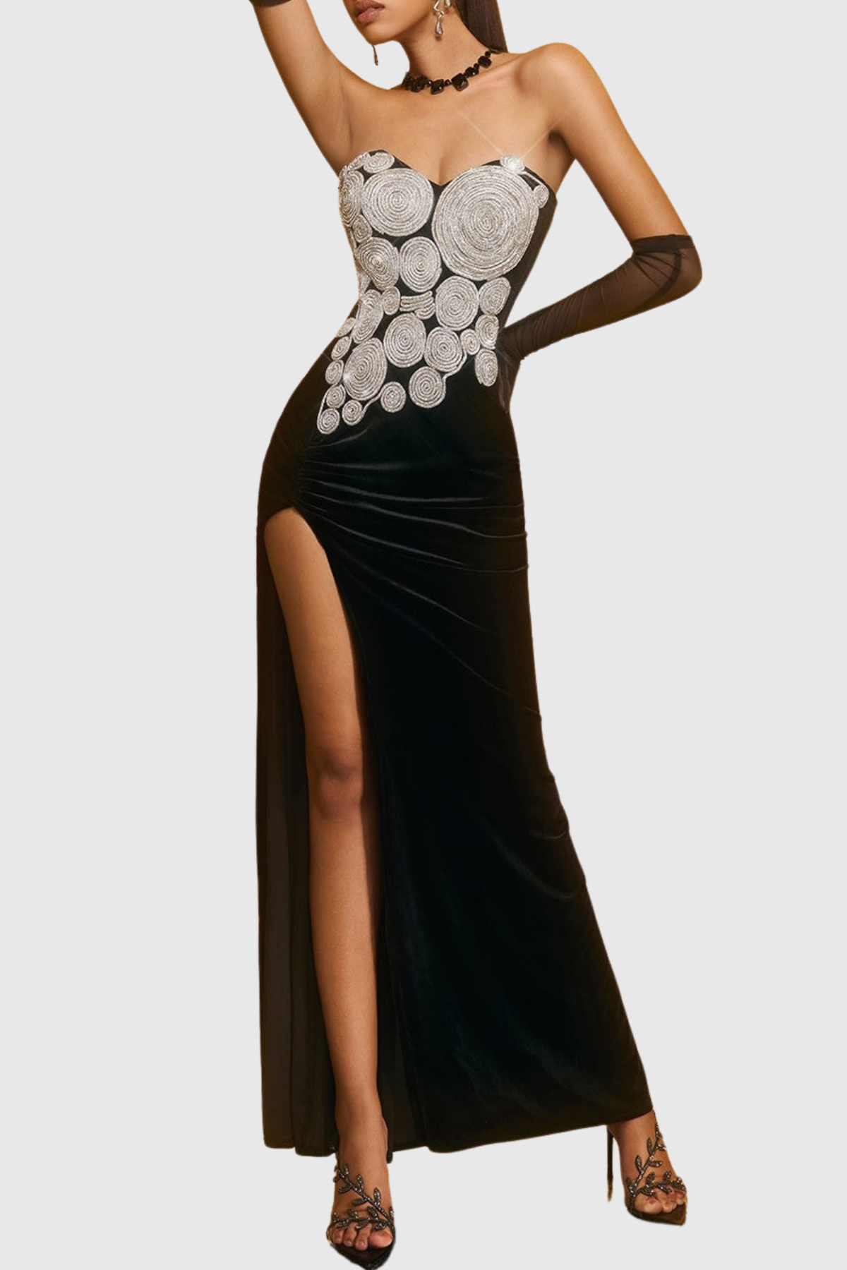 Russe Crystal Strapless Velvet Split Maxi Dress