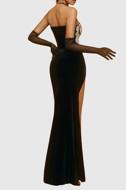 Russe Crystal Strapless Velvet Split Maxi Dress