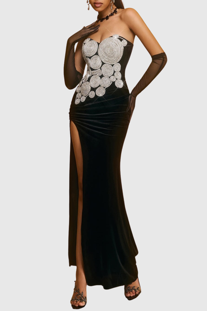 Russe Crystal Strapless Velvet Split Maxi Dress