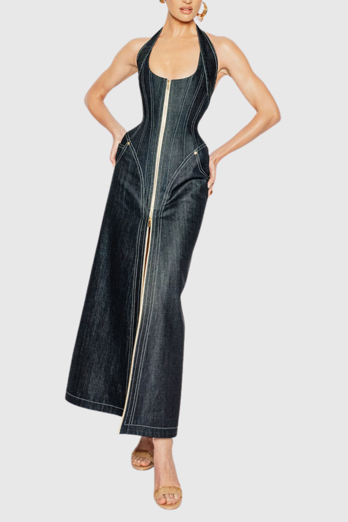 Krishna Halter Denim Corset Contrast-stitching Maxi Dress - Black