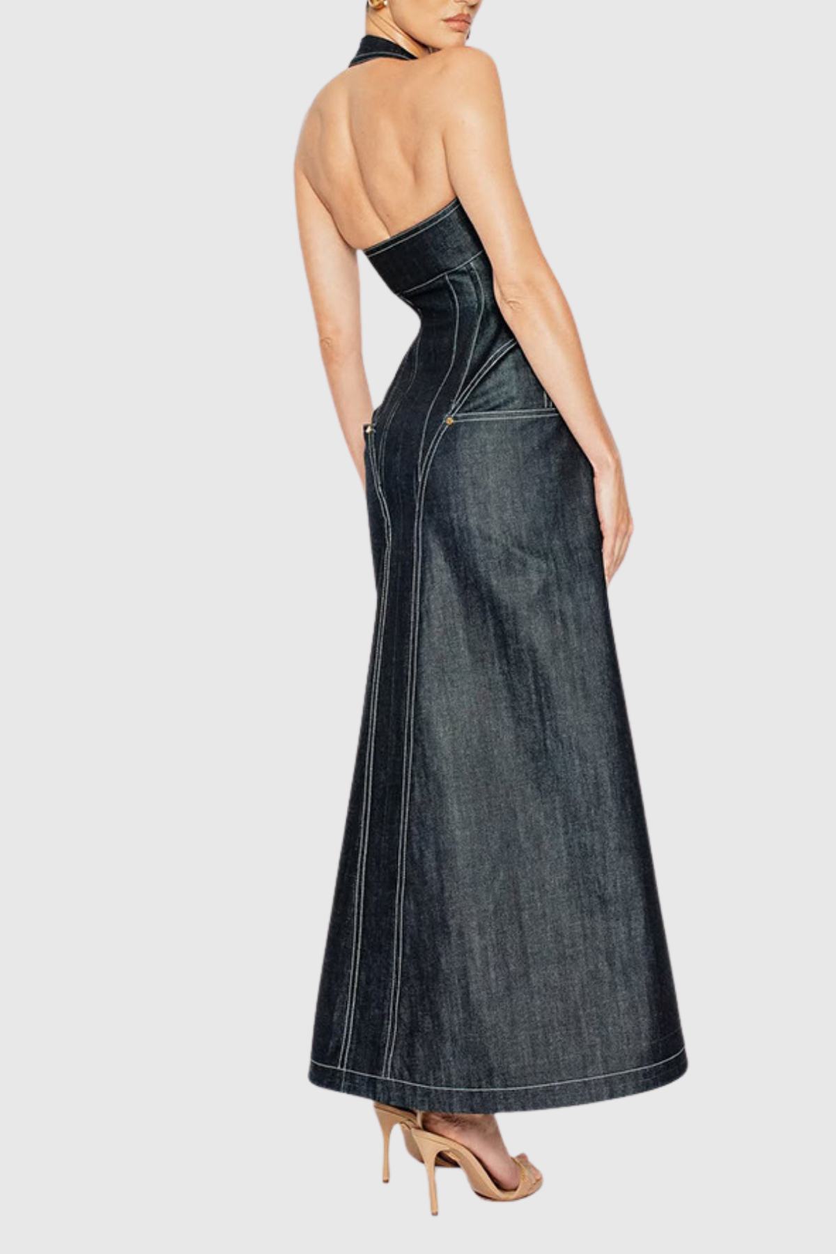 Krishna Halter Denim Corset Contrast-stitching Maxi Dress - Black