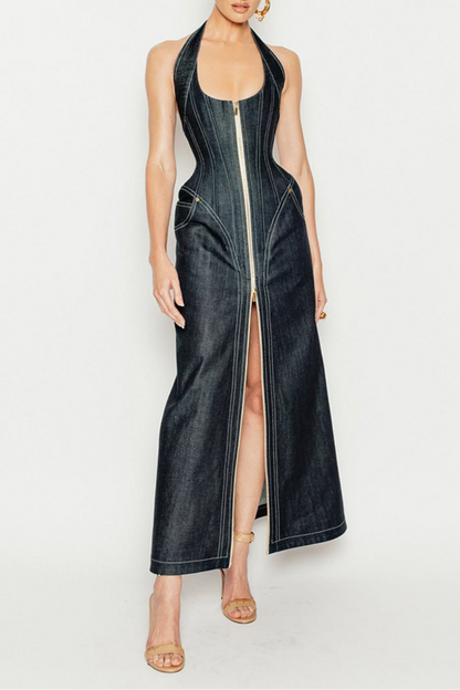 Krishna Halter Denim Corset Contrast-stitching Maxi Dress - Black
