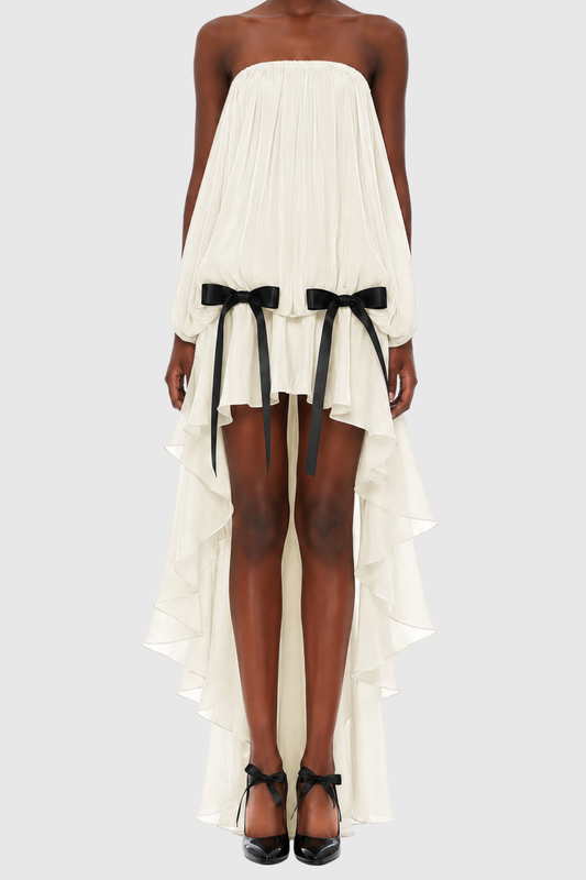 Sadhia Strapless Bow Glossy Midi Dress - Beige