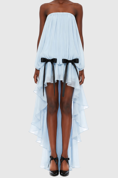 Sadhia Strapless Bow Glossy Midi Dress - Blue