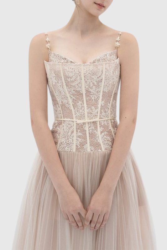 Safio Lace Corset Pleated Maxi Dress