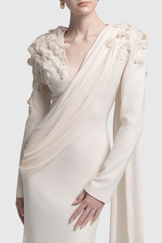 Safra Floral Sequin Embellished Draped Maxi Dress