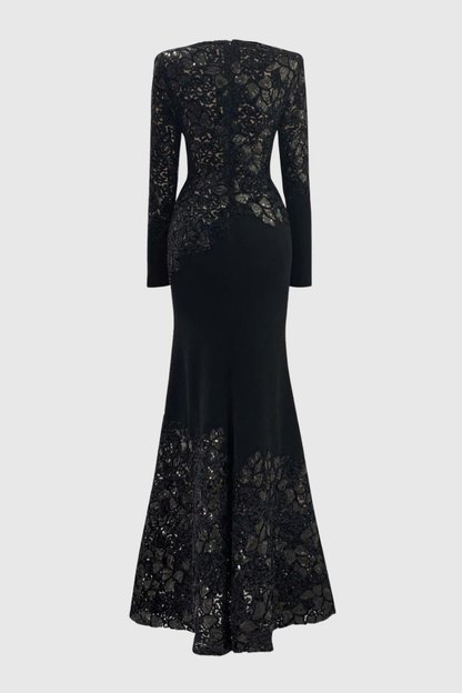 Safra Lace Sequin Satin Maxi Dress - Black