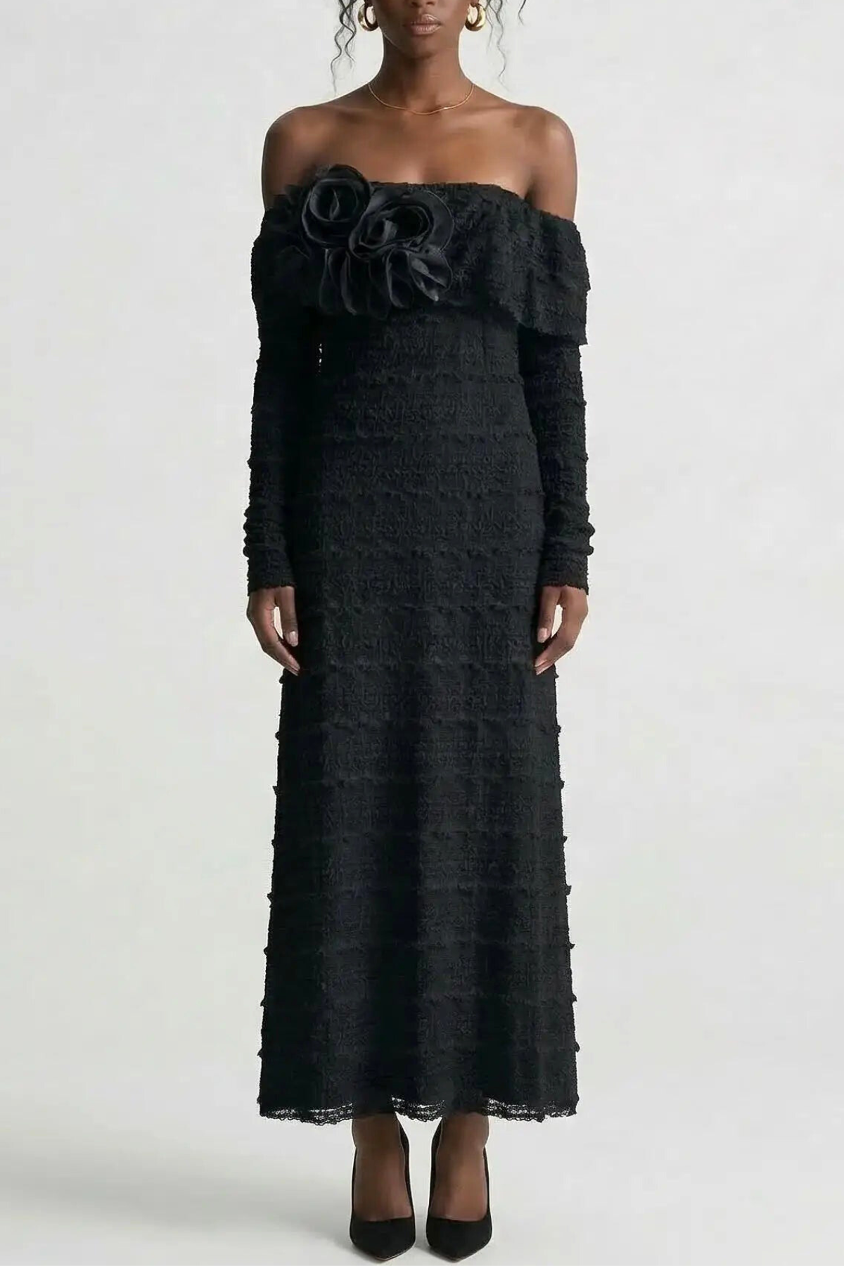 Sahasra Off Shoulder Floral Maxi Dress - Black