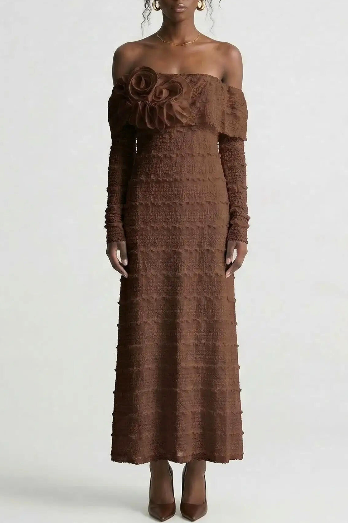 Sahasra Off Shoulder Floral Maxi Dress - Brown